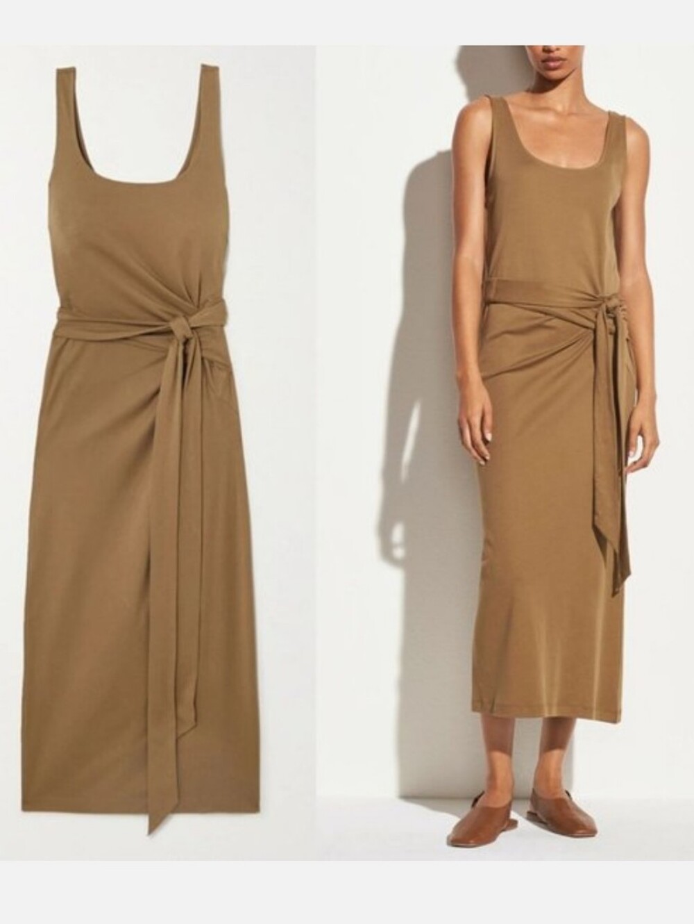 Vince Olive-Tan Midi Tank Dress with Waist Tie